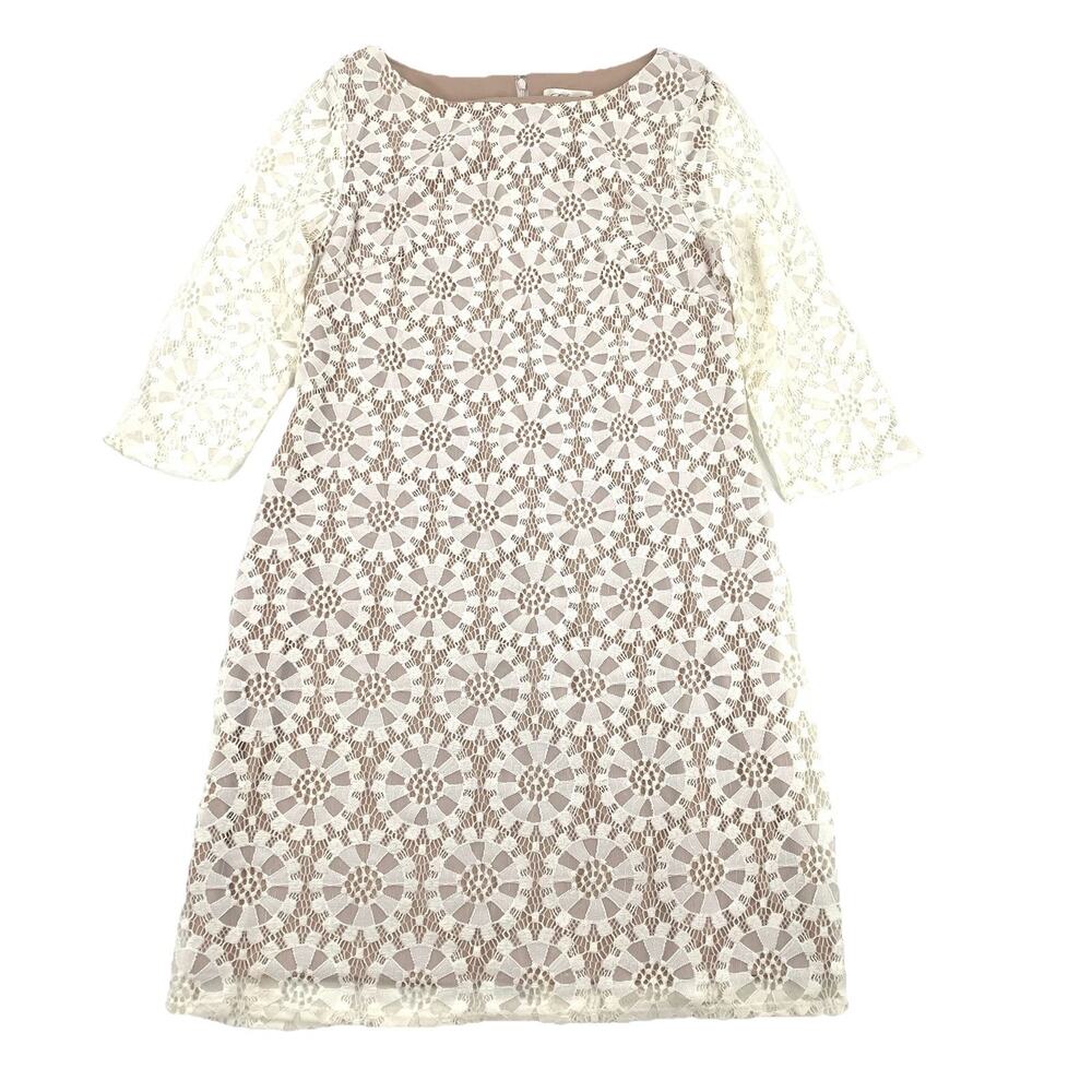 $228 Eliza J Full Lace Floral Shift Dress 8 Womens Ivory White Nude Cocktail M
